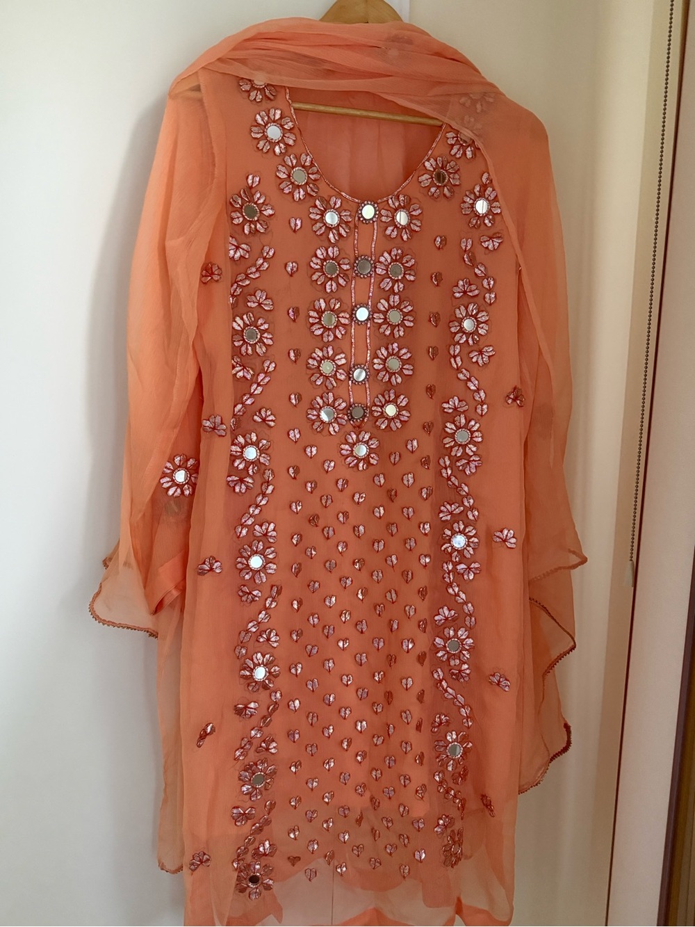 Hand made gota and mirror Peach Embellished Chiffon Tunic Top